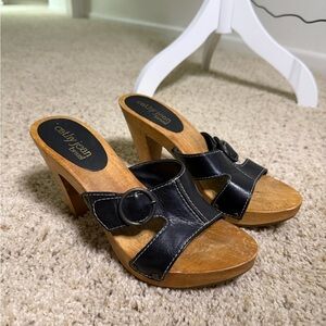 Cathy Jean Black Leather Mules with Wooden Heel